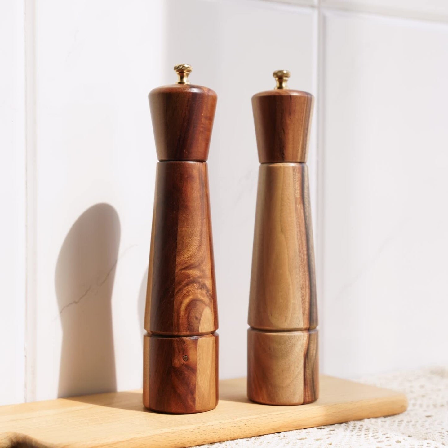 DeroTeno Salt and Pepper Mill Set with Tray, Adjustable Ceramic Grinder Salt Mill, Stainless Steel Grinder Pepper Mill, Acacia Wood, 27 cm / 10 inch Height, Bottom Dia 6 cm (Tray is Included)