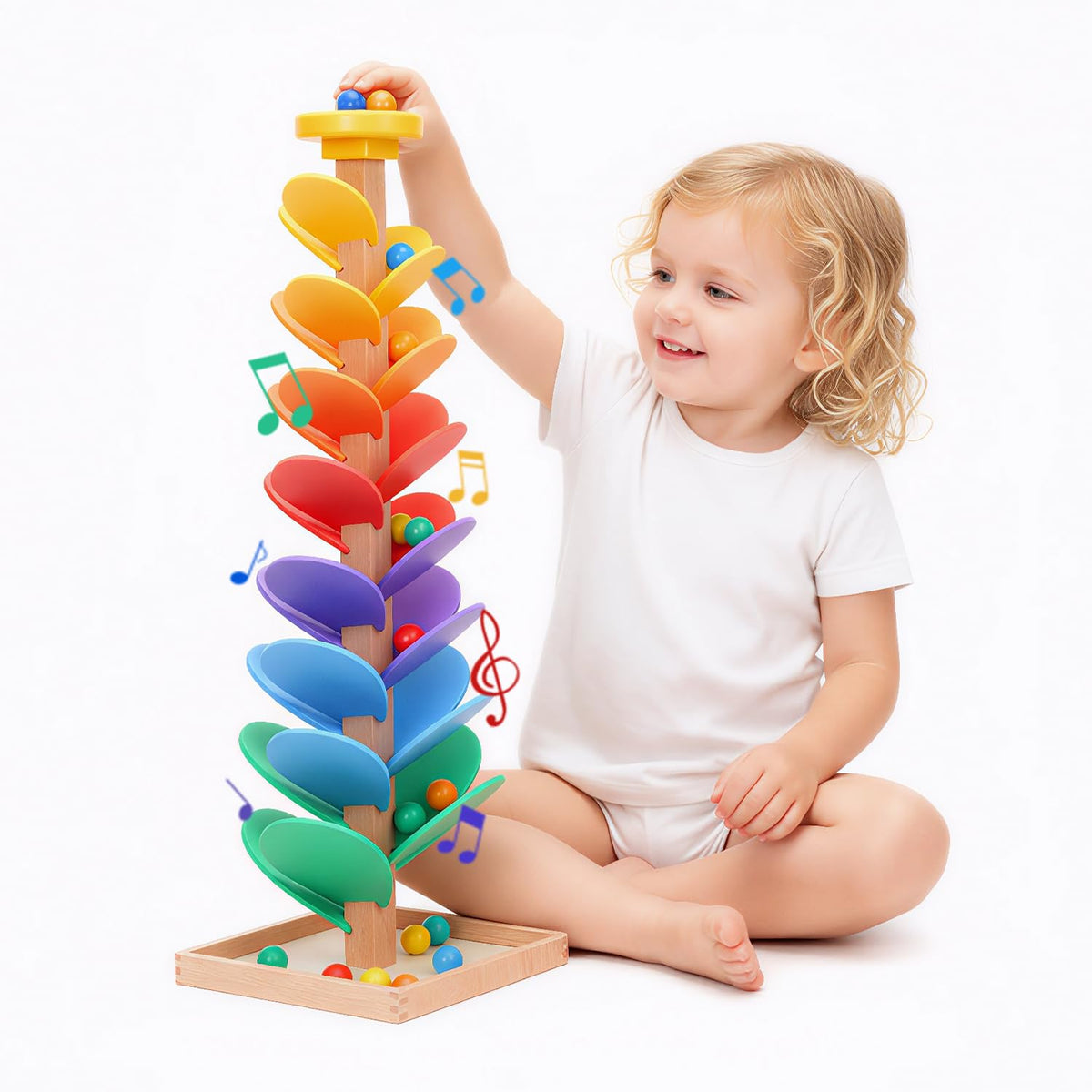 Rainbow Music Tree Toy, Wooden Marble Run Ball Drop Toy for Kids Ages 3+