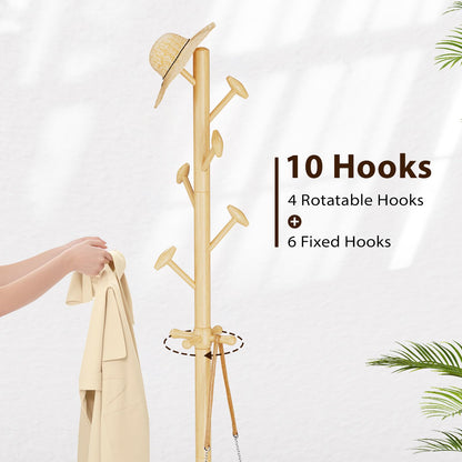 Taitiy Solid Wood Coat Rack Freestanding Coat Tree with 10 Hooks for Bedroom, Livingroom, Entryway, Sturdy Coat Hanger Stand for Hats, Coats, Scarves, Handbags, Purses