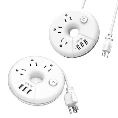 NTONPOWER Travel Power Strip Bundle, 3 Outlets 3 USB Portable Desktop Charging Station with 15 inch Short Cord and 5ft Extension Cord for Office, Home, Hotels, Cruise Ship, Nightstand - White