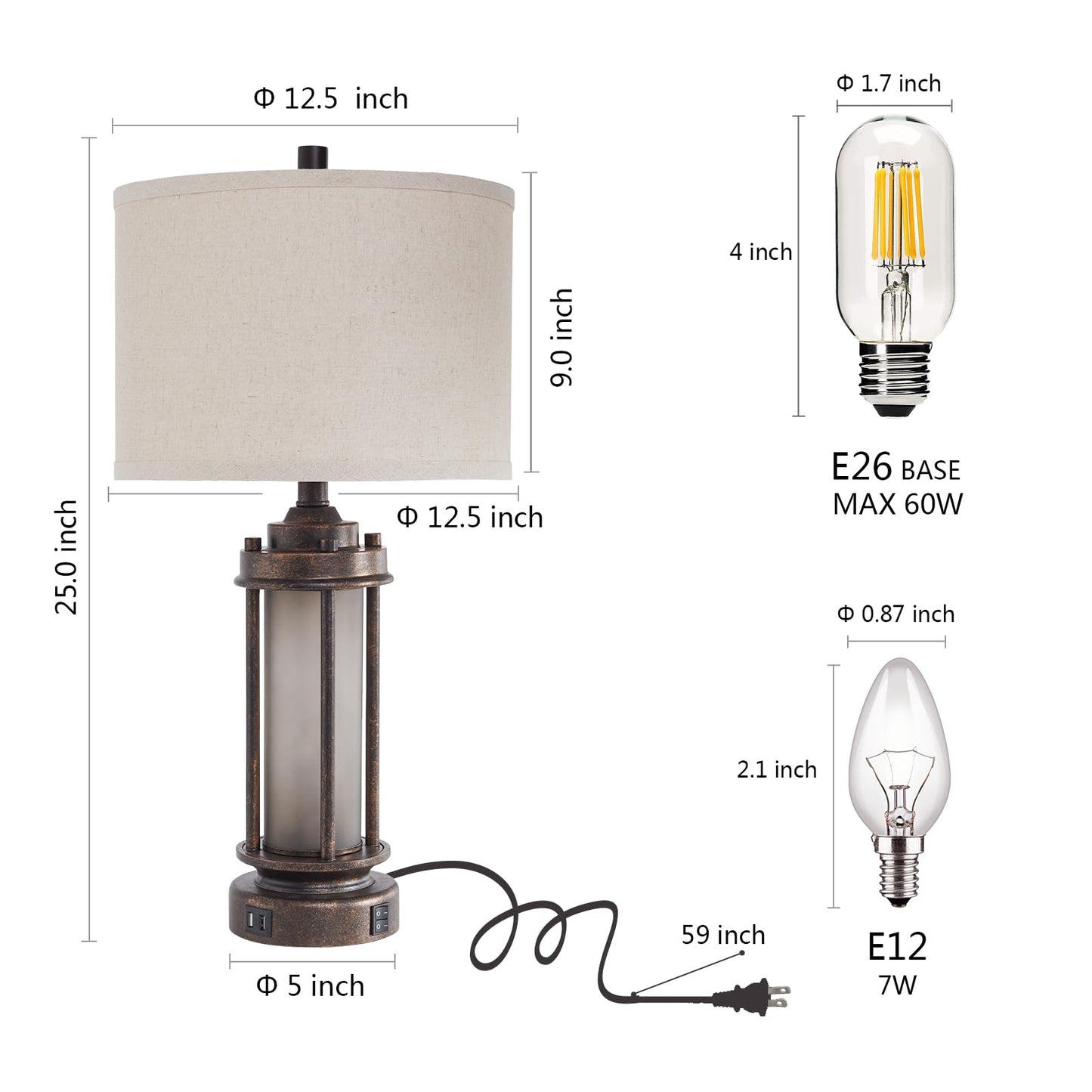 25'' Farmhouse Table Lamp with 2 USB Charging Ports, Rustic Vintage Nightstand Lamp with Frosted Glass Nightlight, Retro Desk Lamp for Living Room Bedroom End Table Entryway, 2 Bulbs Included