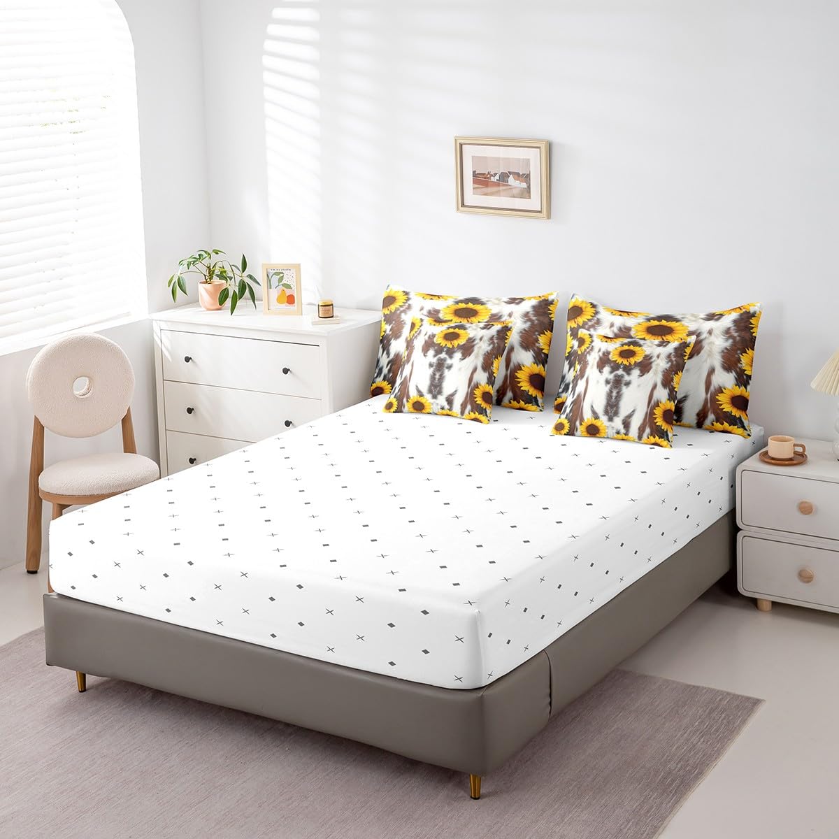 Erosebridal 7 Pcs Cow Print Comforter Set Twin Size,Sunflower Cow Bed in a Bag with Flat Sheet and Fitted Sheet for Kids and Adults,Farm Cowhide Flower Bedding Set with Pillowcases and Cushion Cases