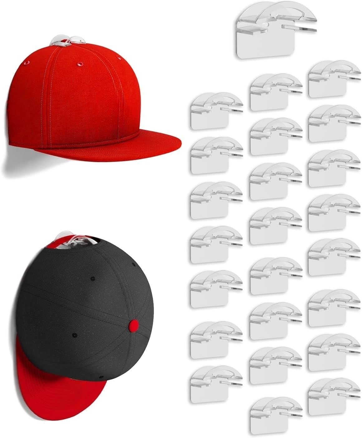 MSKEI Hat Hooks for Baseball Cap - Adhesive Hat Racks and Display Ball Caps Holder, 2 Different Ways Hat Wall Hanger, Hat Organizer (Transparent, 24 Pack)