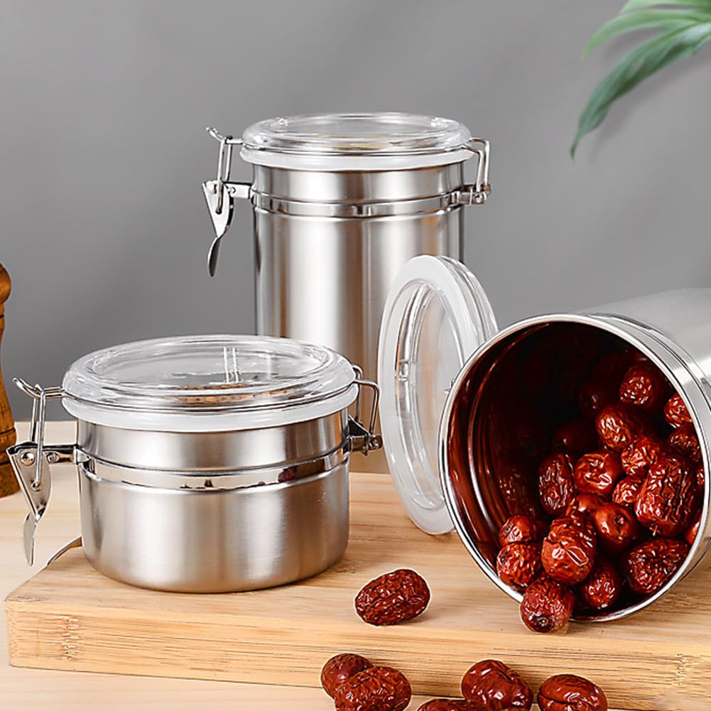 4-Piece Stainless Steel Airtight Canister Set with Clear Lids, 28/32/38/65 oz Food Storage Containers with Clamp Locks for Coffee, Tea, Sugar, Flour, Candy, Cookie, Kitchen Organization (Silver)