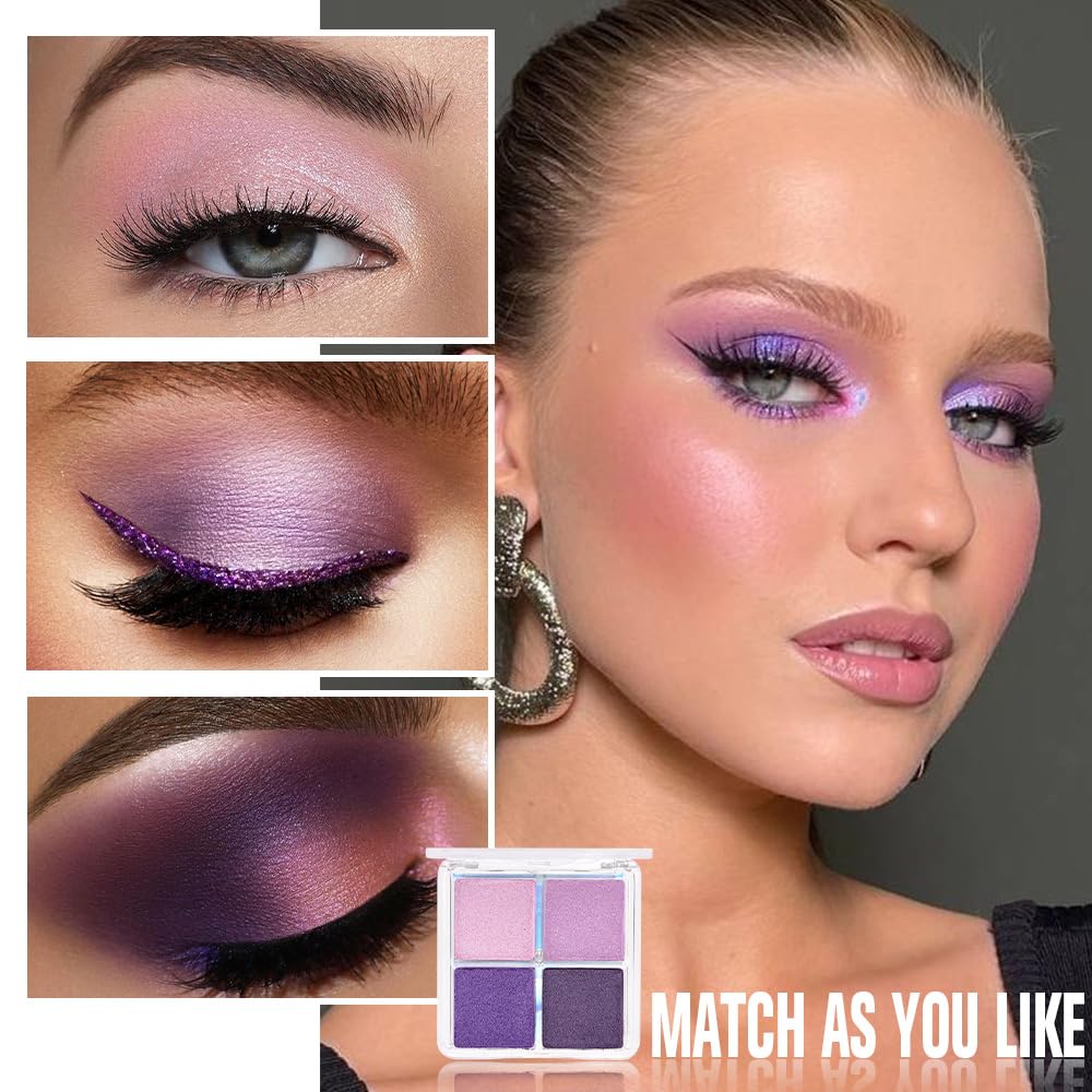 HHLTOH 4 Colors Dark Purple Pink Eye Shadow Powder Palette Makeup, Neutral Matte Shimmer Cream Quads Eyeshadow Palette for Women Highly Pigmented Waterproof, paleta de sombras de ojos, Vegan, 05