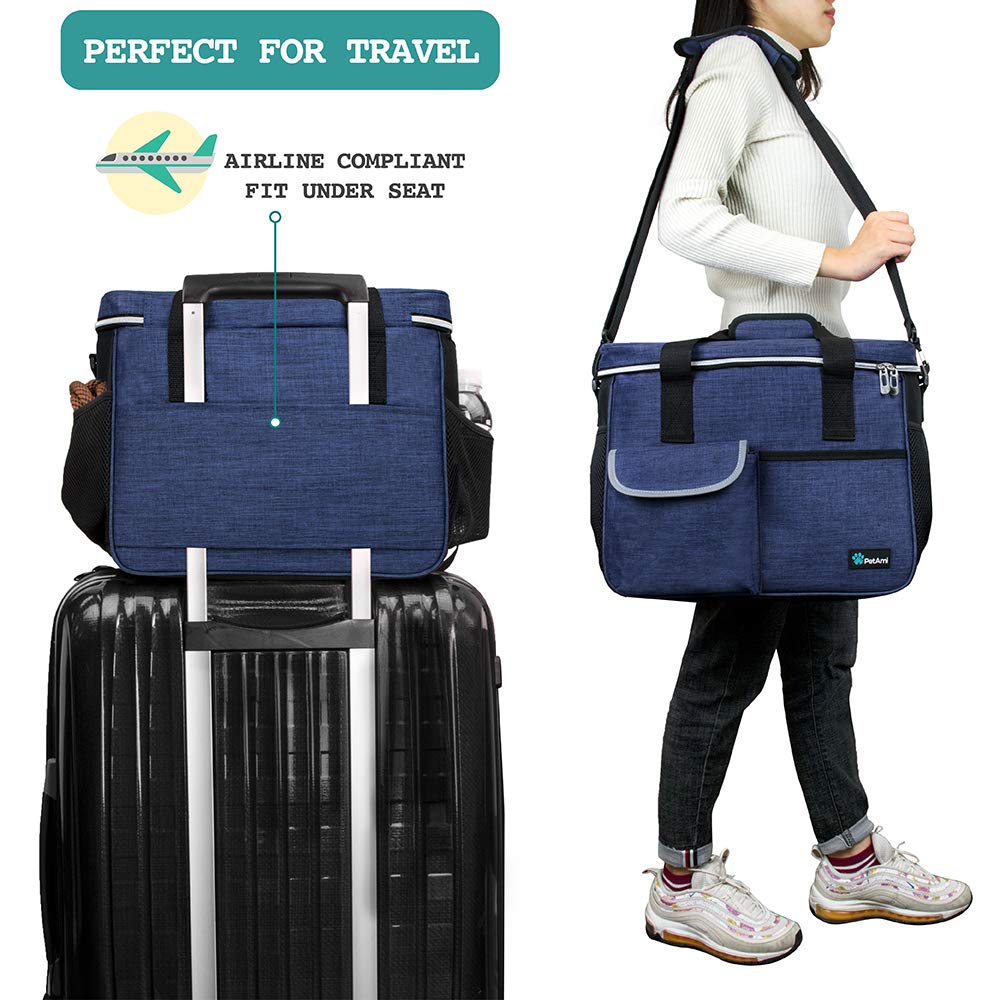 PetAmi Dog Travel Bag, Travel Pet Bag Organizer, Dog Food Travel Bag with Food Container and Bowls, Dog Travel Supplies Gift Accessories for Weekend Camping, Dog Cat Diaper Bag (Navy, Medium)