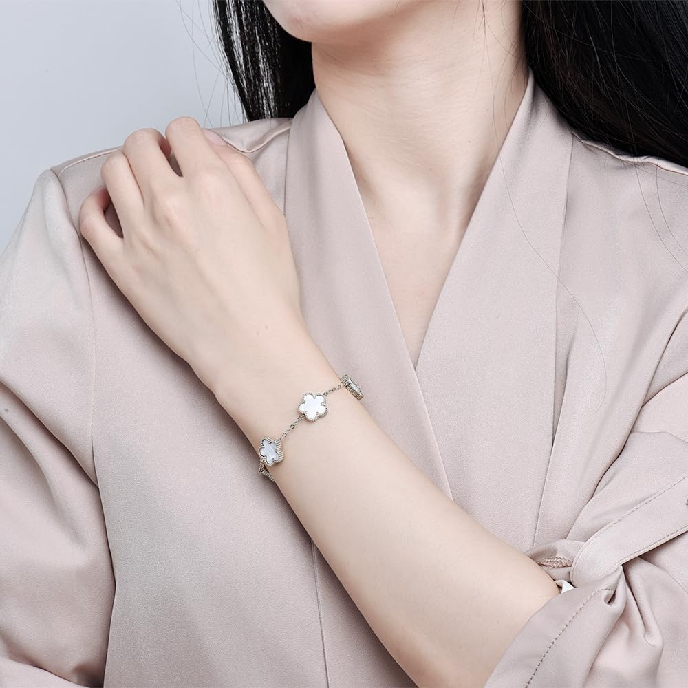FLY FEI 18K Gold-Plated Four Leaf Clover Bracelet for Women,Adjustable lucky Bracelet Jewelry Gift-Hypoallergenic Charm for Birthdays, Wellness & Daily Wear(style02-White(silvery))