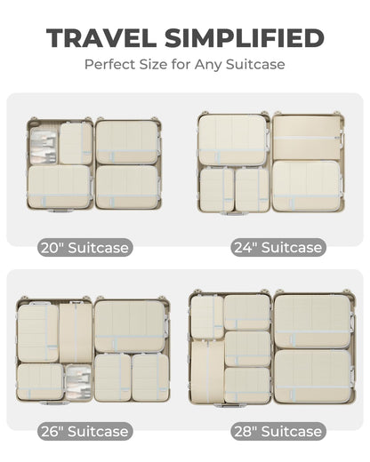 Percover Compression Packing Cubes 8-Piece Set, Packing Cubes Compression for Travel with Laundry Bag & Shoe Bag, Travel Organizer for Carry On & Checked Luggage, Beige