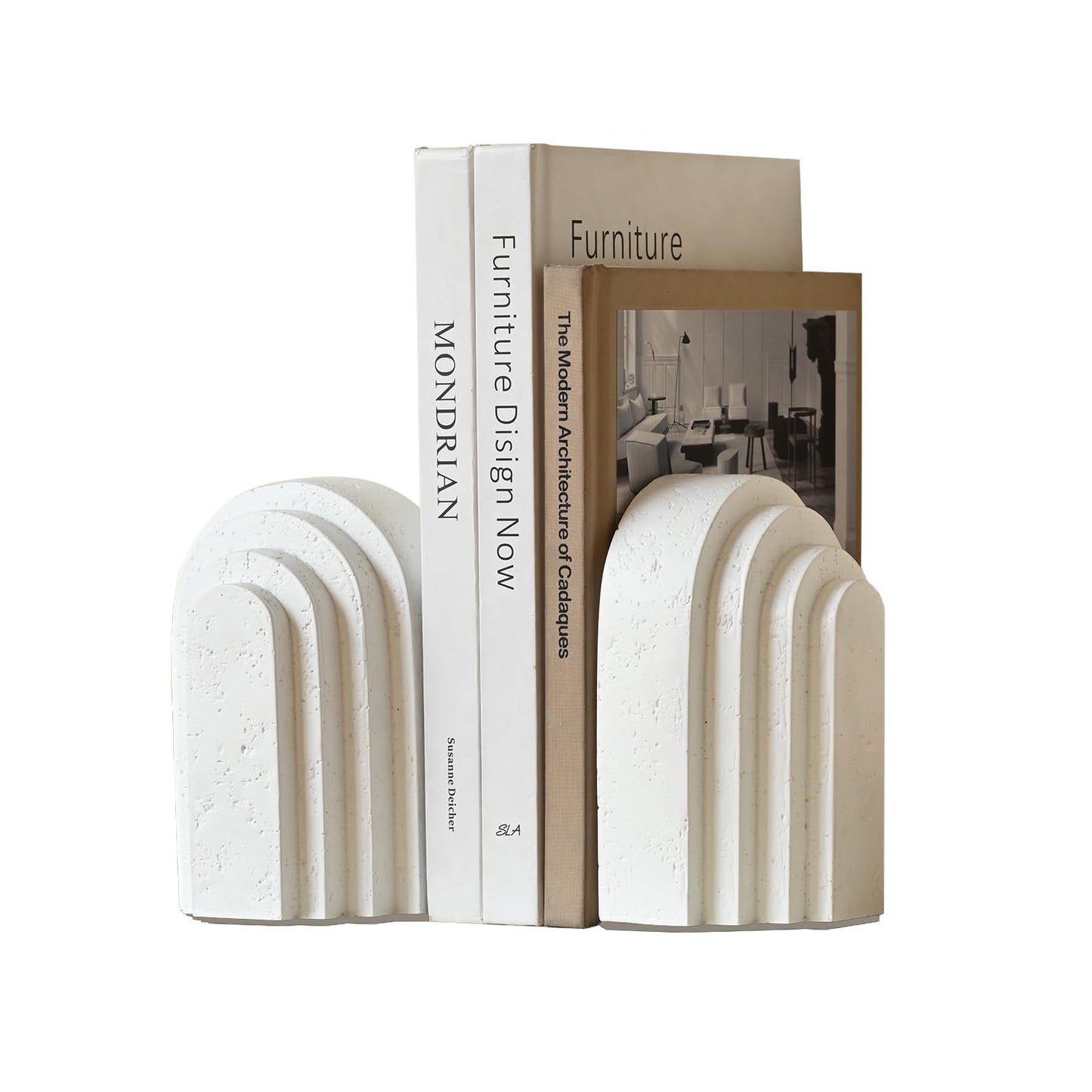 Decorative Bookends for Shelves, Set of 2 Book Ends for Heavy Books, Layered Arch Design White Bookend