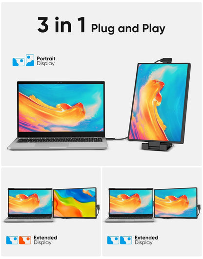 Laptop Screen Extender, 14" FHD 1200P IPS External Portable Monitor for Laptop, Plug & Play Dual Screen Monitor for 14"-17" Laptops, Compatible with Mac, Wins, Chrome, Android, Dex