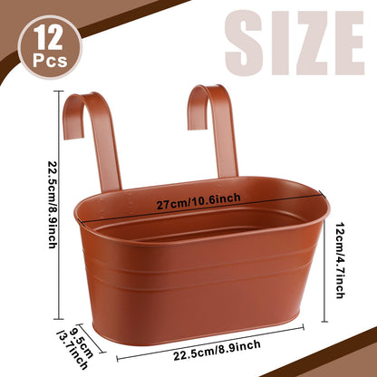 Hicarer 12 Pcs Metal Hanging Flower Pots for Railing Fence, 10.6 Inch Hanging Rail Planters for Outdoor Window Balcony Plants Holder with Hooks for Garden Yard Home Decor (Brown)