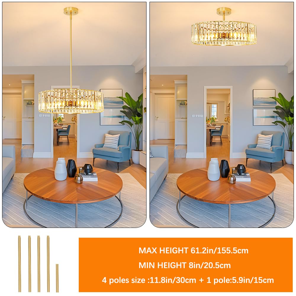 Gold Crystal Chandelier for Dining Room, 6-Light Modern Semi Flush Mount Ceiling Lighting Fixtures, Round Kitchen Fixtures Ceiling, Hanging Drum Pendant Lights for Living Room Bedroom Foyer, 19IN, E26