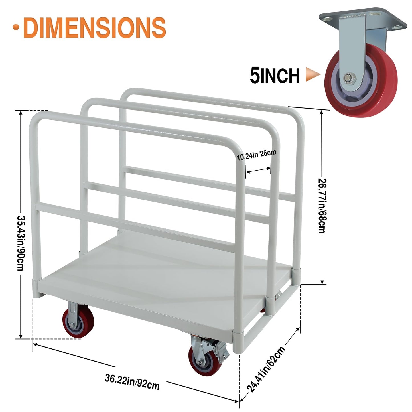 Flatbed Cart with 2500 Lbs Capacity and 4 Swivel Casters, 36x24inch Steel Board with 3 Side Handrails
