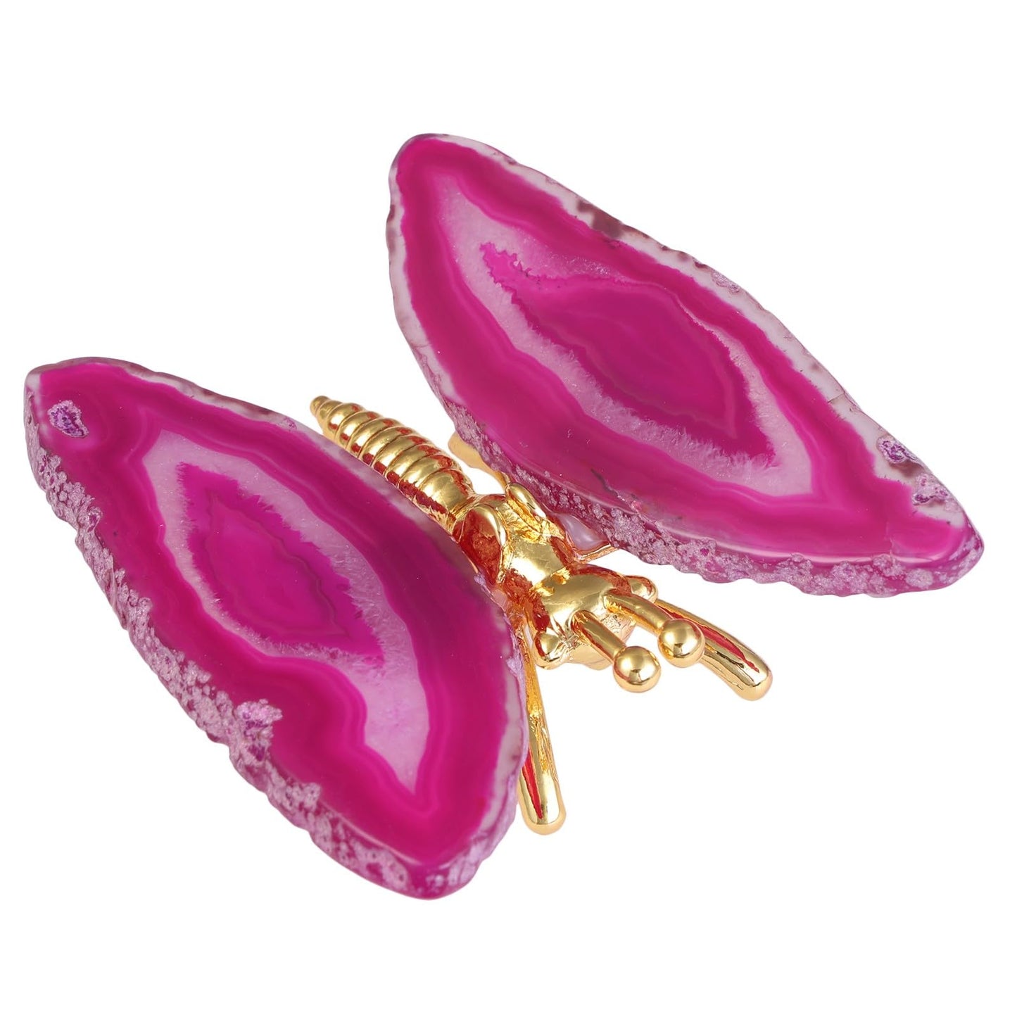 dssmboom Pack of 2 Geode Agate Slice Butterfly Figurine for Desktop Decor, Golden Butterfly with Fuchsia Agate Slice Wings for Collection or Display