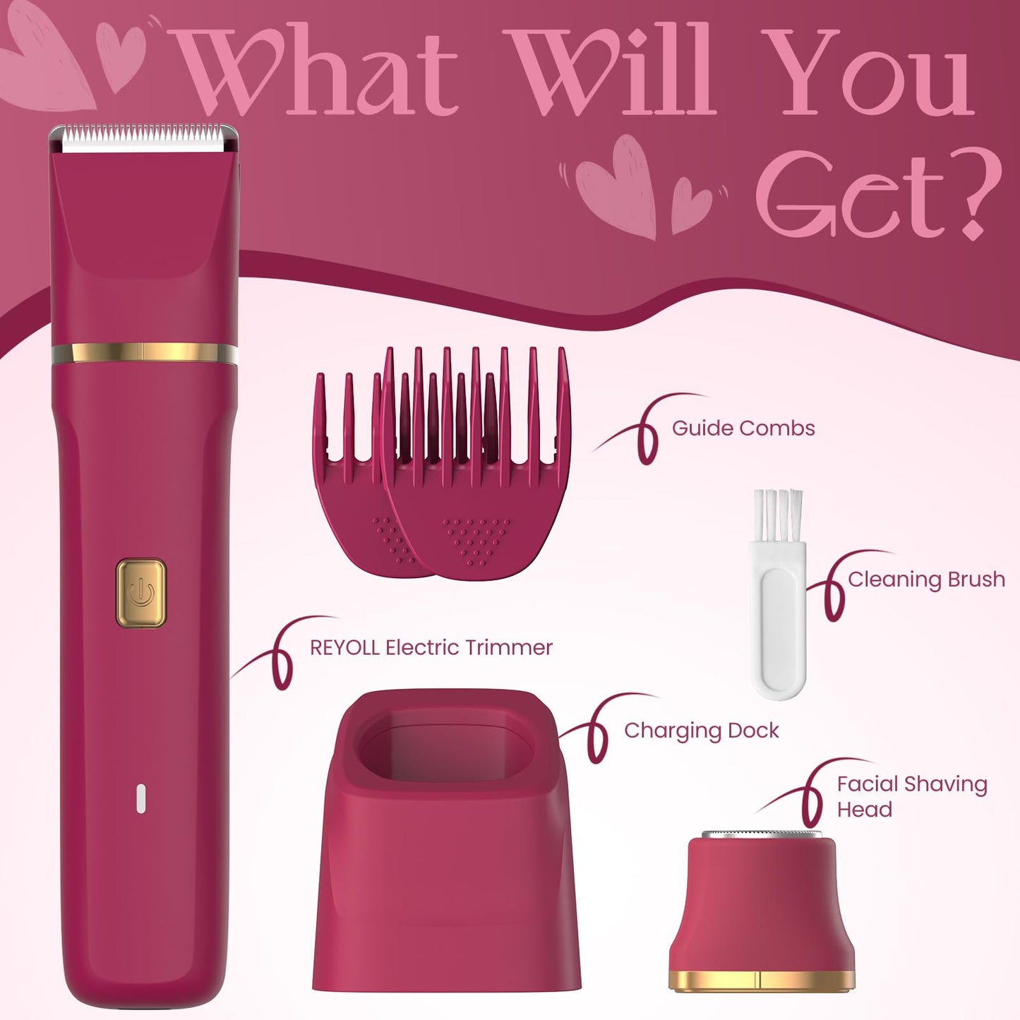 Bikini Trimmer for Women - Painless Electric Razors for Silk Skin,Cordless Body Shaver for Trip,Replaceable Lady Facial Razor, IPX7 Waterproof&Easy Cleaning, Ceramic Blade, USB Charge Dock Pink