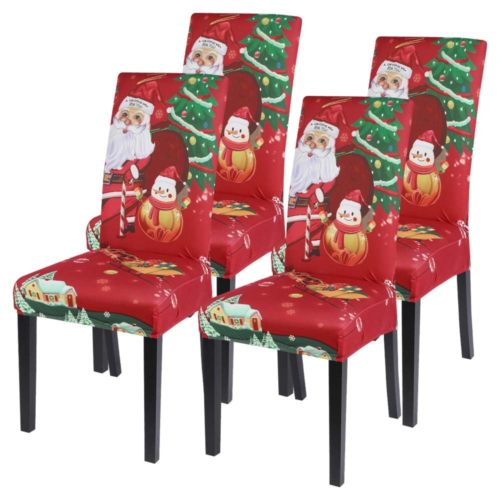 SearchI Christmas Dining Chair Covers Set of 4,Stretch Printed Kitchen Chair Cover Washable Spandex Xmas Parsons Chair Protector Slipcovers for Christmas Decoration,Holiday Party(Santa Claus)