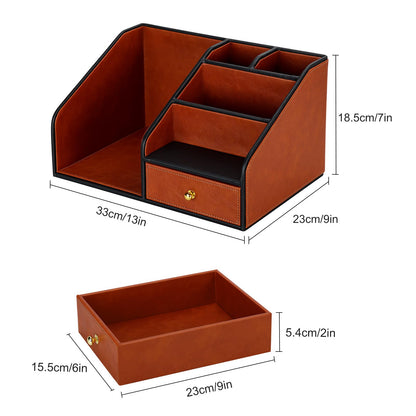 KINGFOM PU Leather Desk Organizer, Multifunction 6 Compartment Desk Organizers and Accessories for Office Supplies, Pen Pencil Holder/Book Mail Organizer Holder for Desk with Drawer (Brown)