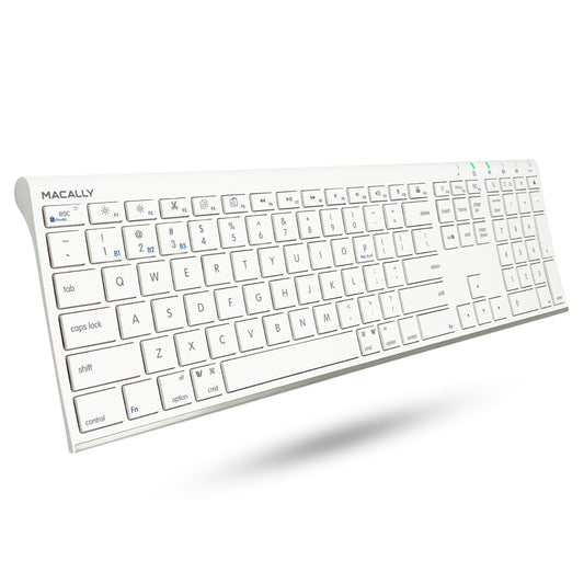 Macally Wireless Bluetooth Keyboard for Mac - Compatible Apple Keyboard or MacBook Pro/Air, iMac - Multi-Device, Up to 3 Devices with 110 Keys, 20 Shortcuts, Numeric Keypad, and Rechargeable - Silver