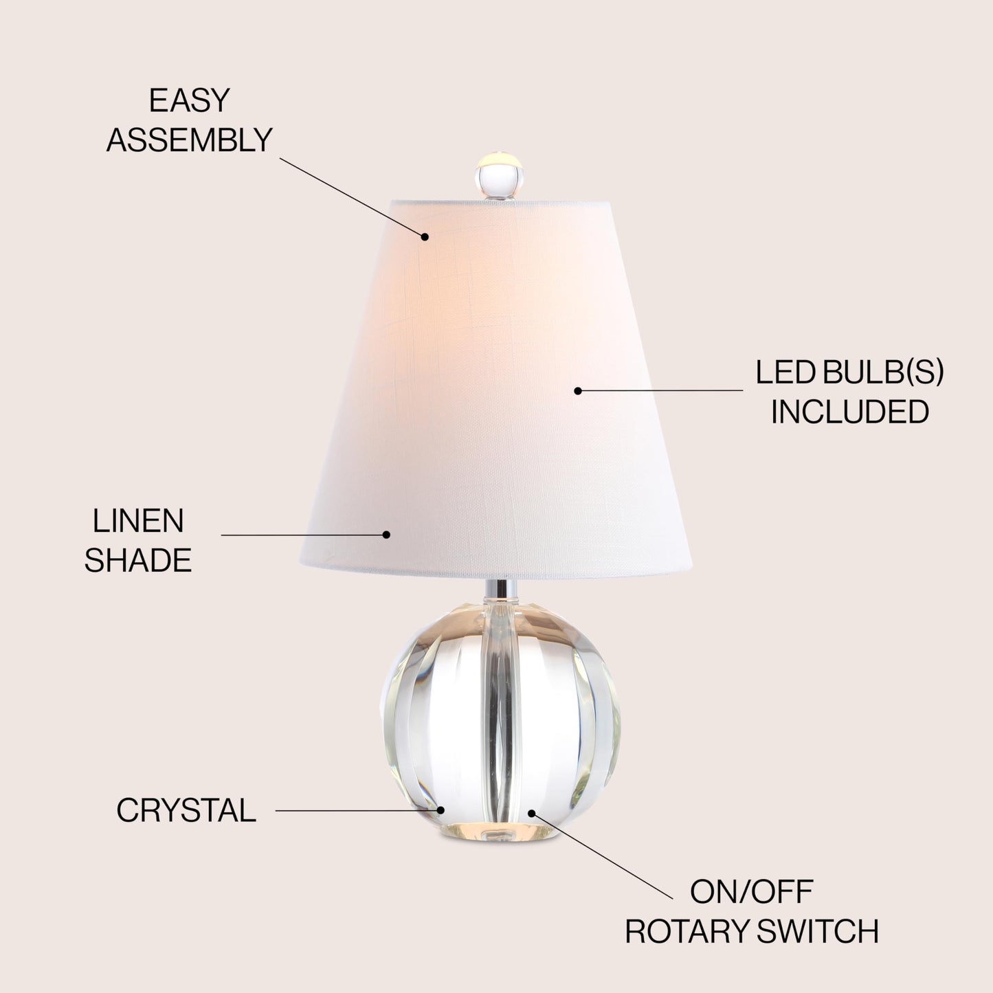 JONATHAN Y 16" Clear Crystal Ball LED Table Lamp, White Modern Bedside Lamp, with White Linen Empire Shade, Glam Orb Glass Nightstand Lamp for Living Room, LED Bulb JYL2079A