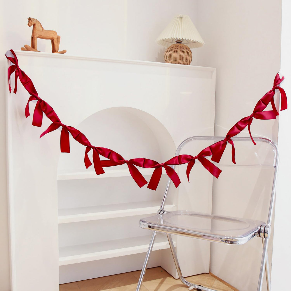 Eanjia Pre-Assembled Red Bow Garland | Double Side Satin Silk Bow Banner and Extend Ribbon for Coquette Birthday Bridal Shower & Bachelorette Party,Read to Hanging (Red, 6ft)