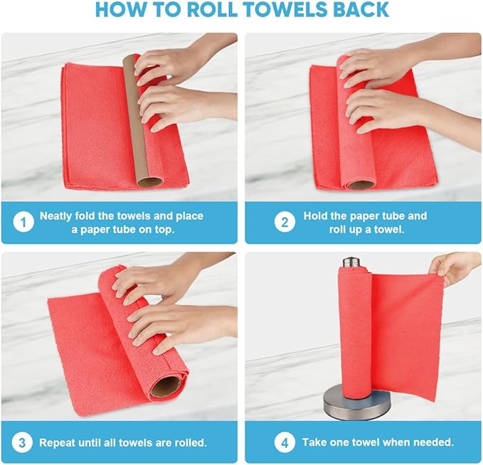 AIDEA Microfiber Cleaning Cloth Roll, 75PK Red, Reusable Paper Towels Tear Away