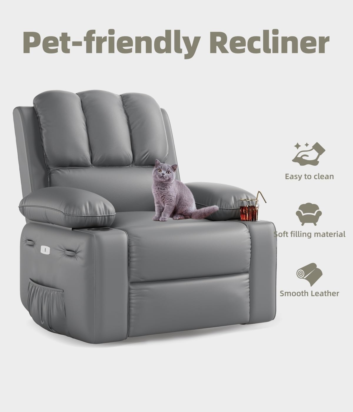 KYBOLT Power Recliner Chair for Adults with Massage and Heat, Swivel Oversized Leather Recliner Chair with USB Ports & Side Pockets for Living Room (22" Medium-Seat Width,Gray)