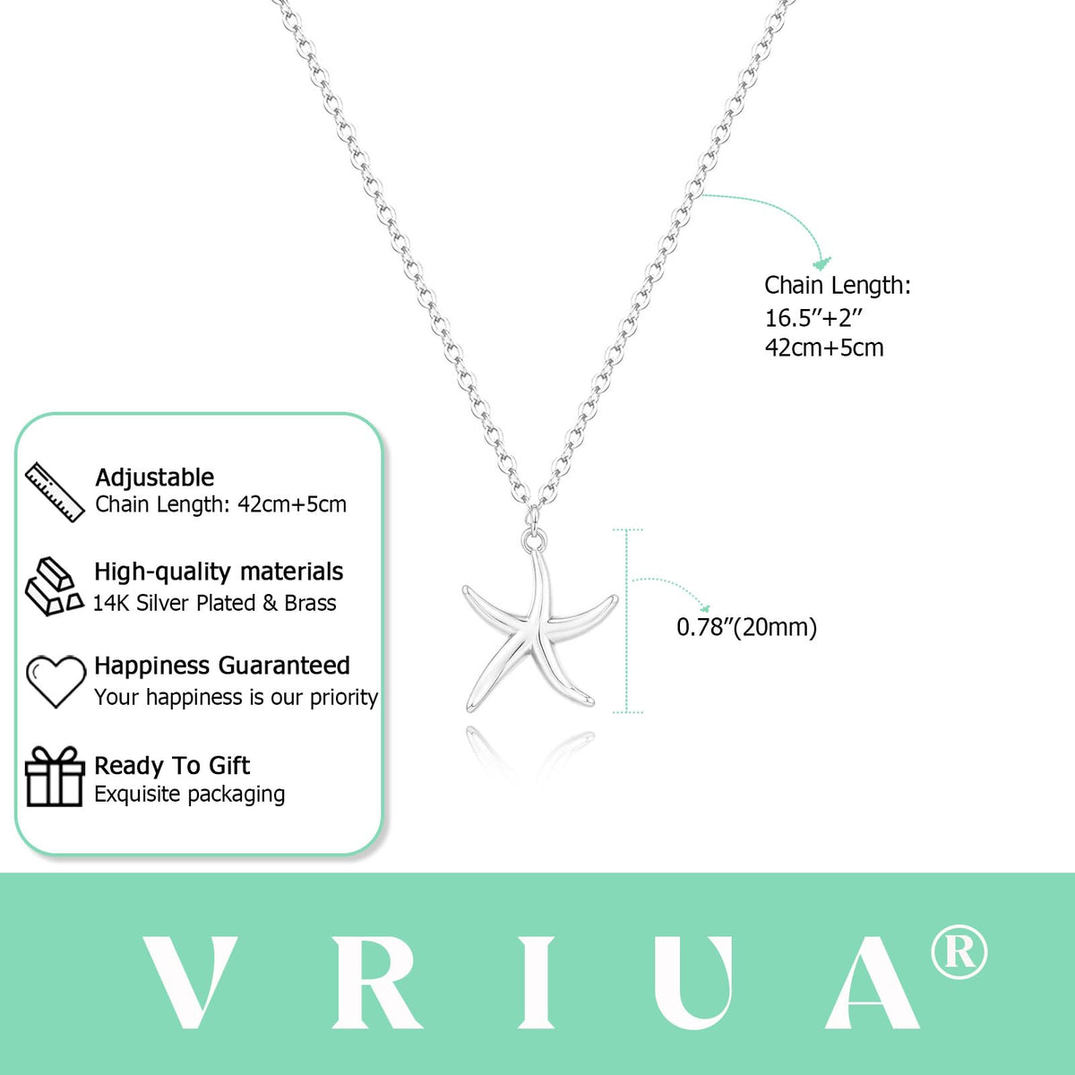 VRIUA Starfish Necklace for Women – 14K White Gold Plated Silver Pendant – Dainty Ocean Beach Jewelry Gift