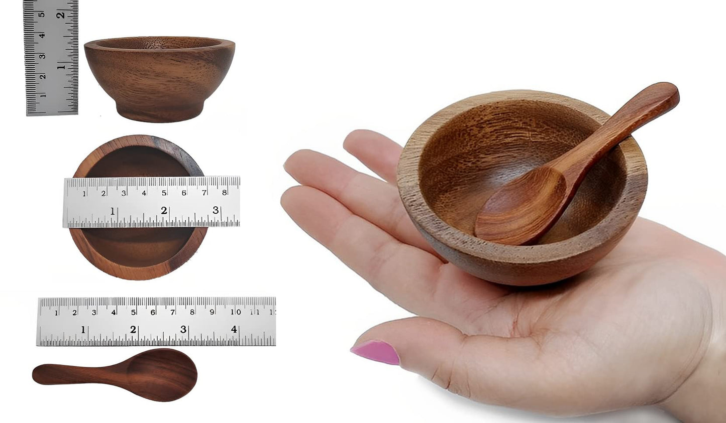 BestySuperStore Set of 4 Small Round Acacia Wooden Bowls 2⅞ Inch Diameter With Spoons - Stackable Mixing Bowl for Salad Soup Snack Salsa Dip Sauce Charcuterie Wood Tableware Sets for Decor and Serving