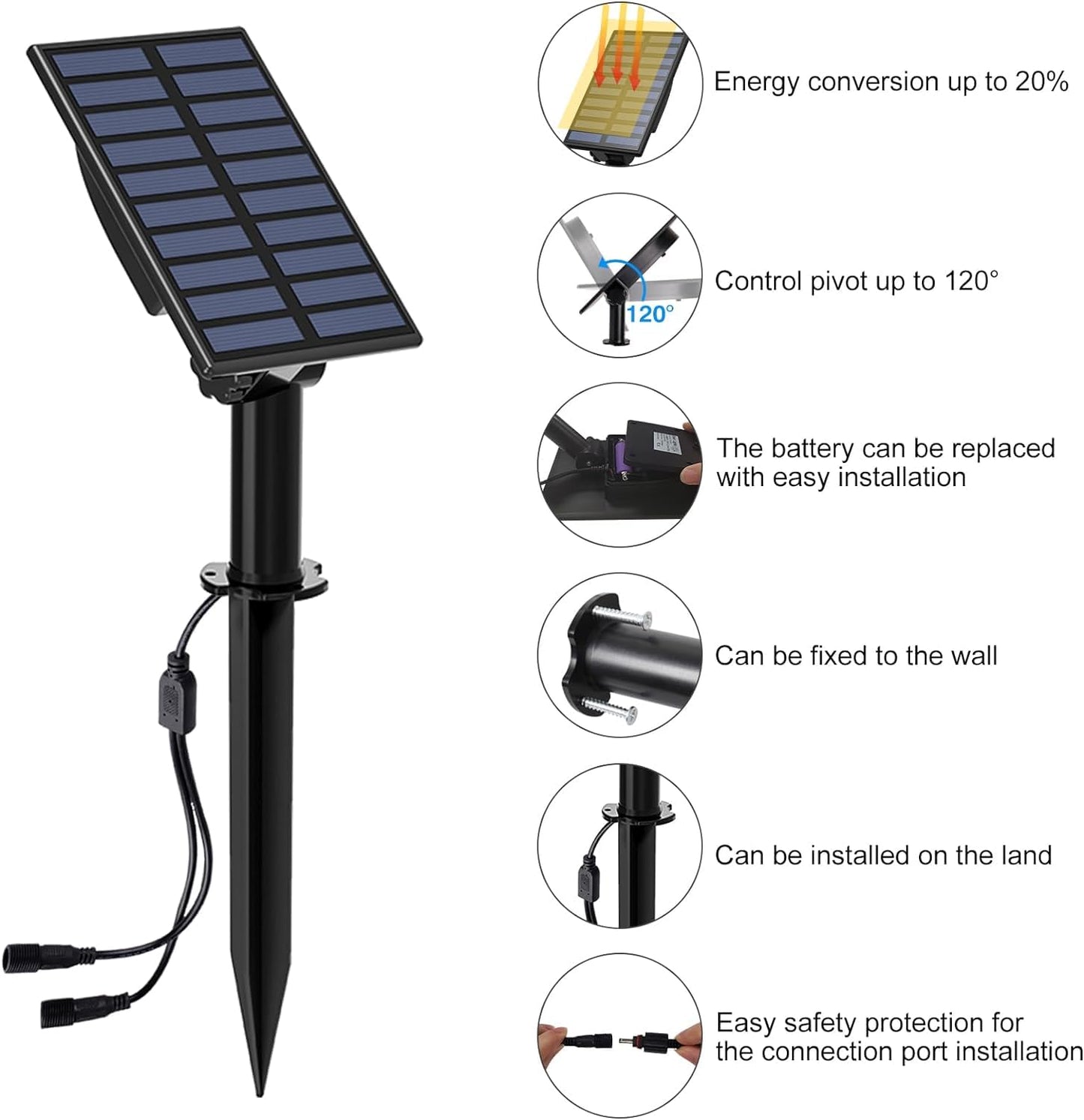 T-SUN 2W Solar Spotlights, IP65 Waterproof 9.8ft Cable Lenght 270° Angle Adjustable Auto On/Off with 2 Warm White Dual Spot Headlamp Garden Lamp Landscape Lamp for Tree,Patio, Yard, Garden