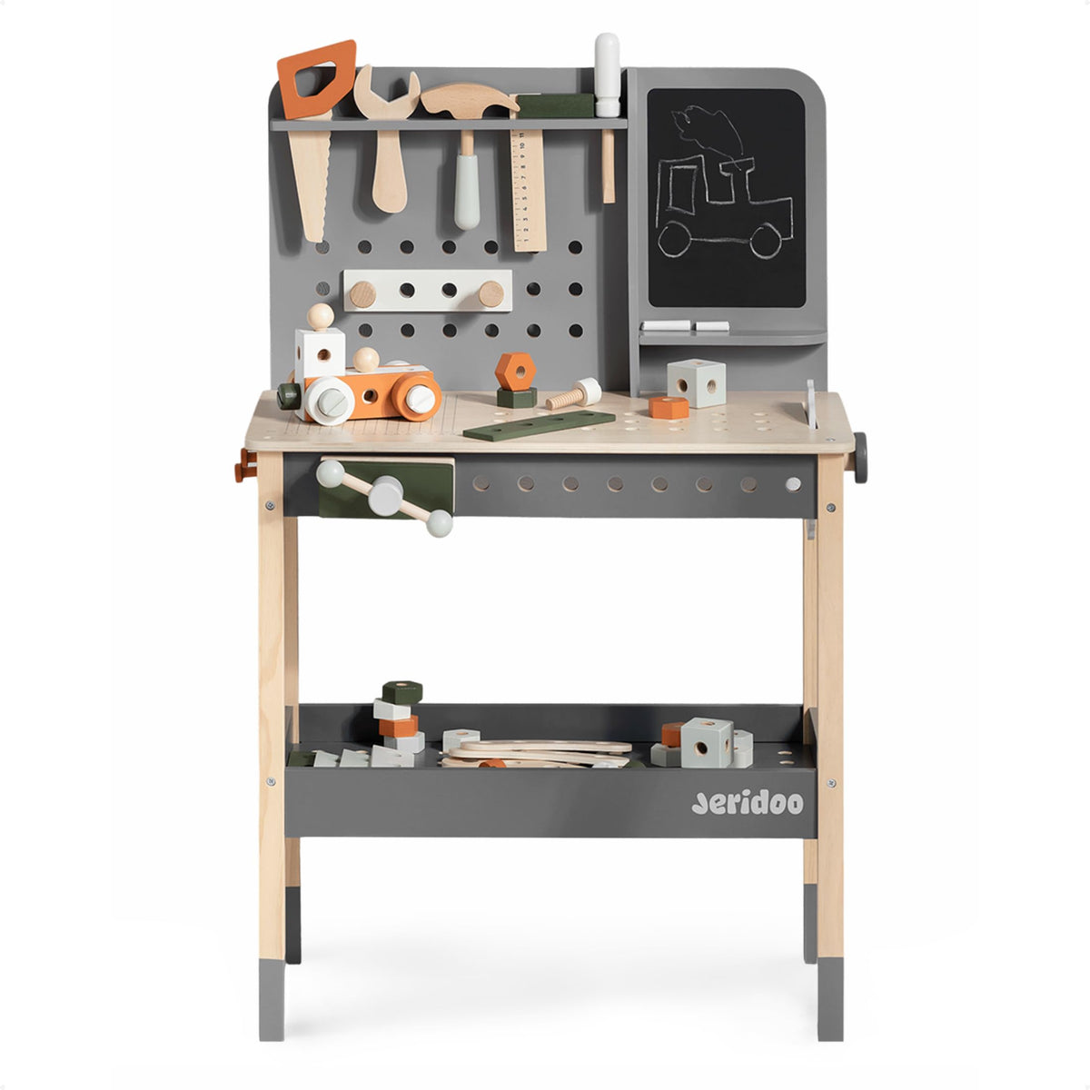 JERIDOO Kids Wooden Workbench, 61-Piece Tool Bench Set with Saw, Hammer, Spanner, Screwdriver, Nuts and Bolts, Chalkboard, Safety Goggles and Gloves, Construction Toy, Pretend Play, Boys, Girls Age 3+