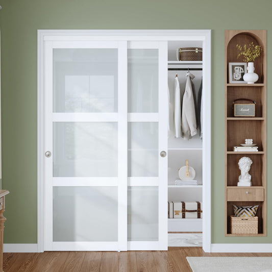 Finosen 60"×80"(Double 31") Sliding Closet Door, 3-Lite Frosted Glass, Bypass Barn Door with Hardware Kit Included, Preassembled MDF Wood Panel, Water-Proof PVC Surface, Easy to Install, White