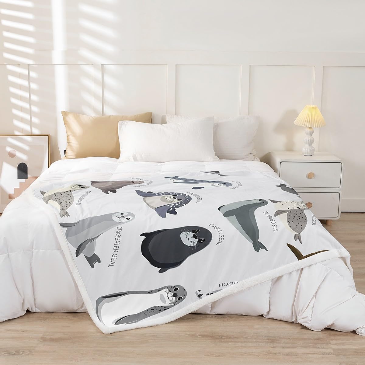 Kids Cartoon Seal Throw Blanket - Cute Ocean Marine Animal Fleece for Bed Sofa - Boys Girls Sea Creature Decor Sherpa - Seal Collection Fuzzy Bedroom Flannel Throw 50"x60"