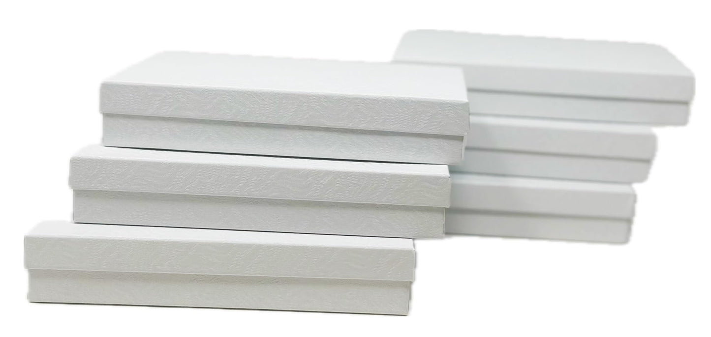 RJ Displays 6 Pack Cotton Filled Swirl White Cardboard Jewelry Boxes for Necklace, Bracelet, Watch & Small Gifts, Jewelry Gift Boxes with Lids, Size 5.25 x 3.75 x 1 Inch – White