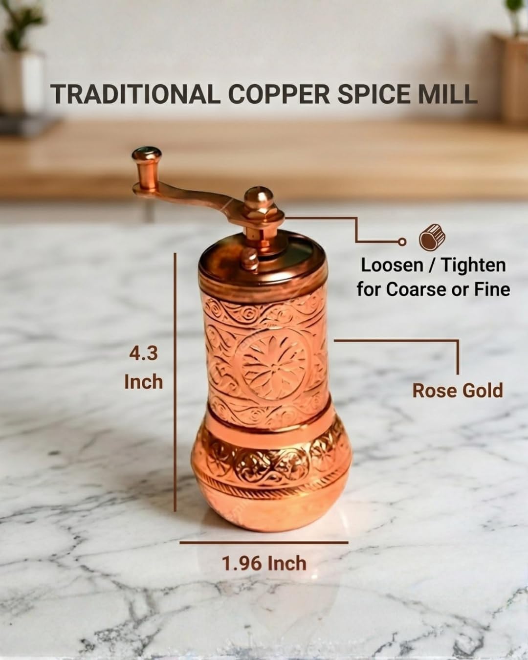 Handmade Turkish Brass Pepper Salt Spice Grinder Mill Set - ISO 9001 Certified - 4'' Shiny Copper