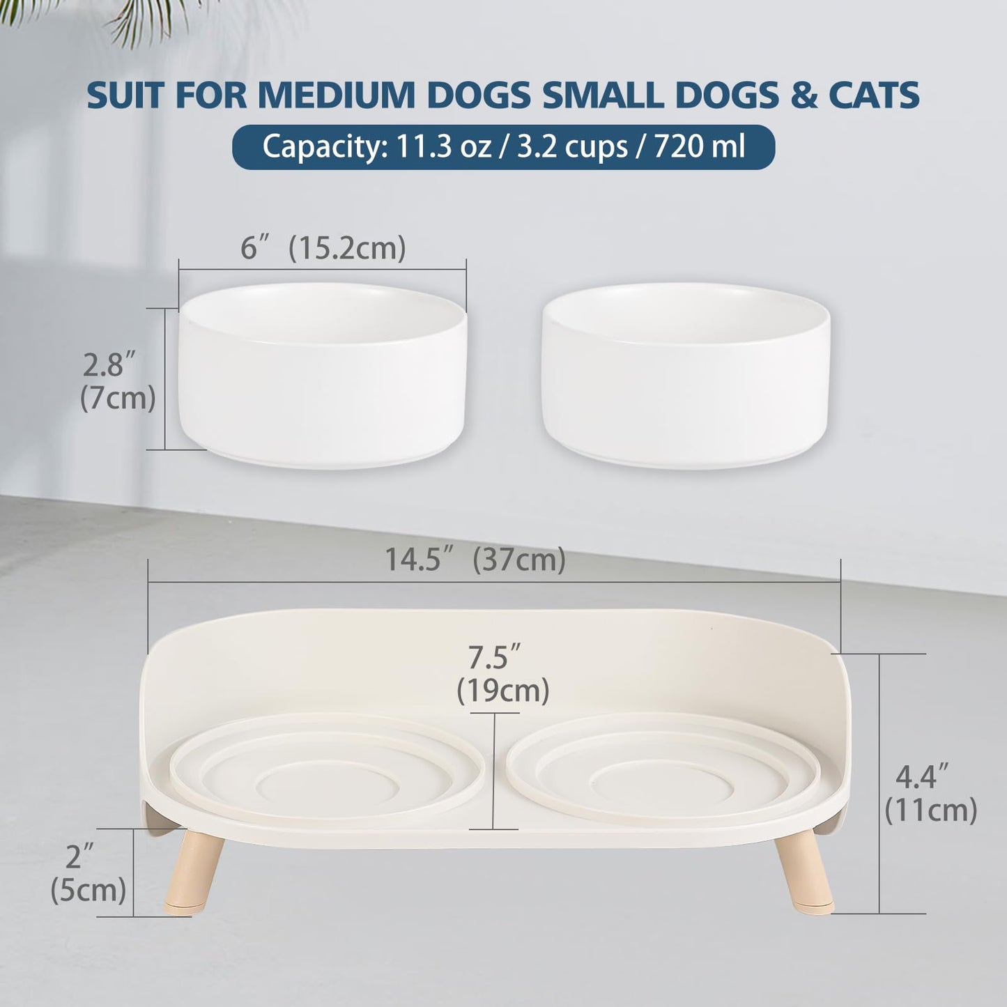 Elevated Ceramic Dog Bowl Set - Double Dog Feeding Bowls with Stand Splash Proof - Raised Dishes for Food and Water - Ideal for Small to Medium Dogs - 2 x 850 ml - 28.74 oz - White
