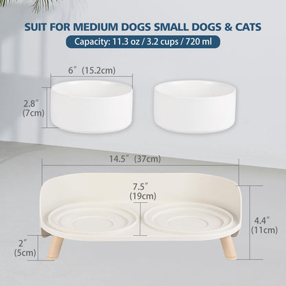 Elevated Ceramic Dog Bowl Set - Double Dog Feeding Bowls with Stand Splash Proof - Raised Dishes for Food and Water - Ideal for Small to Medium Dogs - 2 x 850 ml - 28.74 oz - White