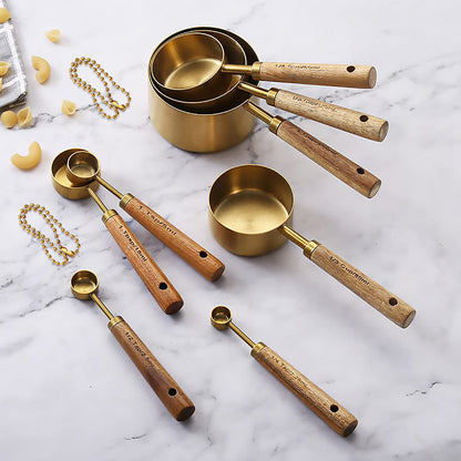 Dadamong Measuring Cups and Spoons Set of 8, Stainless Steel Gold Measuring Cups Kit with Wooden Handle, Kitchen Cooking Baking Spoons Tool Set for Solid and Liquid Iingredients
