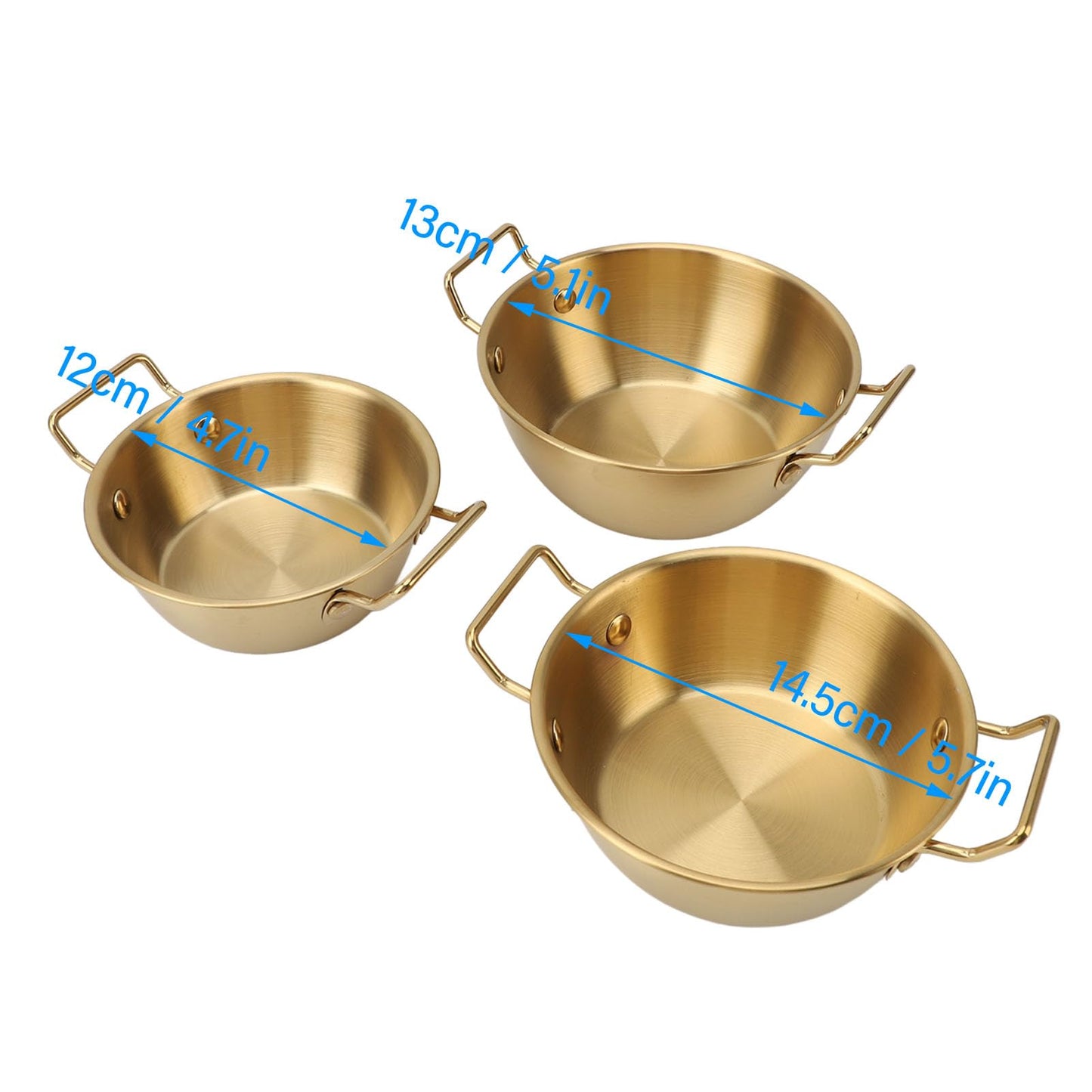 3Pcs Stainless Steel Soy Sauce Dishes, 4.1/5.1/5.7 inch Gold Round Dipping Bowl with Handle, Individual Seasoning Bowls Serving Dishes Appetizer Plates for Sushi, Side Dishes, Dessert, Ketchup, Prep