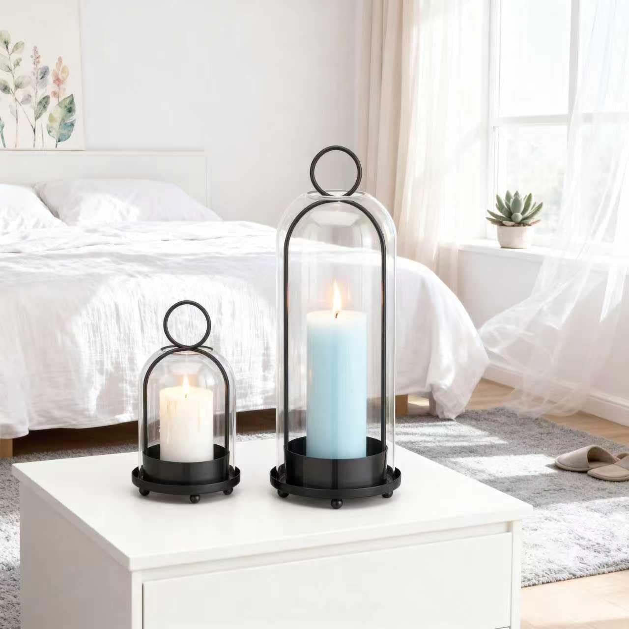 ECLSDL Hurricane Glass Candle Holders for Pillar Candles Set of 2 (5" & 4" Wide), Black Metal Candlestick Holders, Modern Decorative Centerpiece Lanterns for Table Mantel Wedding Housewarming Gift