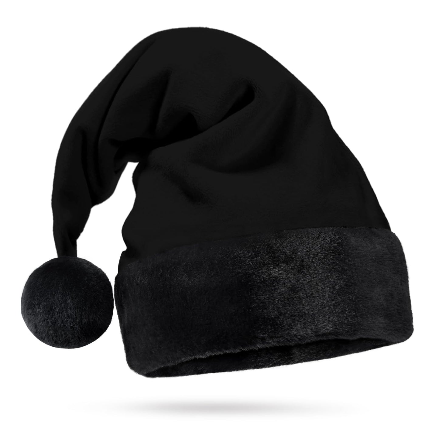 Hexonomy All Black Santa Hat - Black Furry Trim, Faux Fur - Gothic Xmas, Spooky Goth Decor, Delux Christmas Hat - Adult, 1 Size
