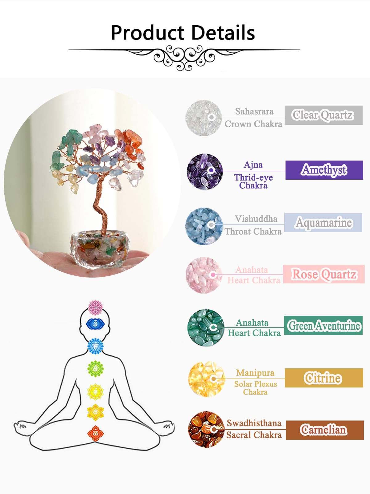 Jovivi Small 7 Chakra Crystals Tree, Natural Crystal Healing Stones Tree Glass Bowl Base Gemstone Money Trees Feng Shui Good Luck Home Desk Decor
