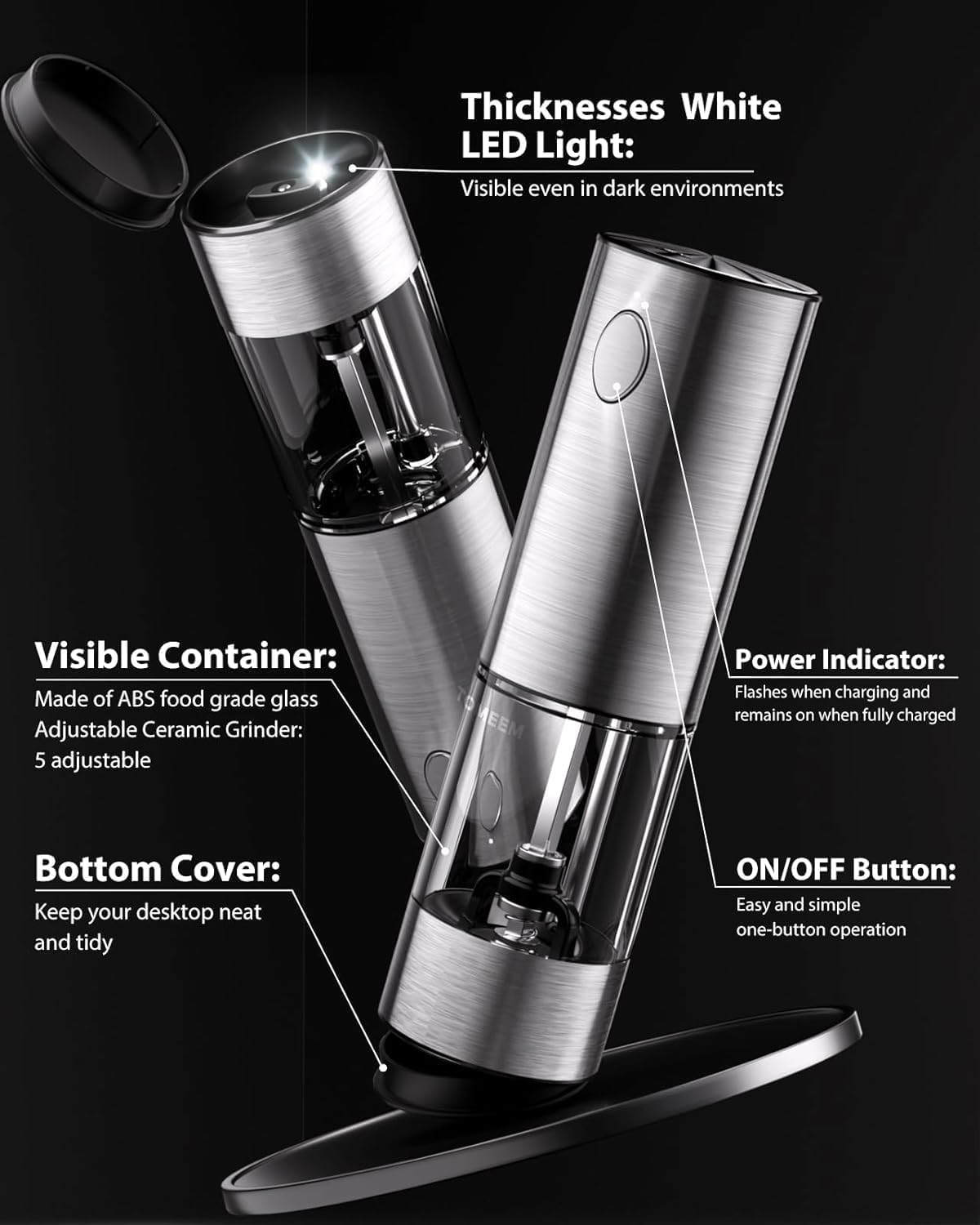 TOMEEM Electric Salt and Pepper Grinder Set, USB Rechargeable Salt and Pepper Grinder Set| Made of Stainless Steel | Adjustable Ceramic Grinder | LED Light