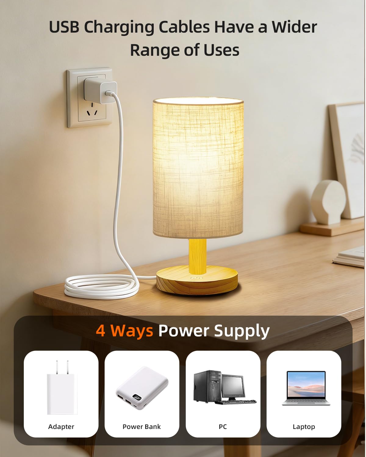 pickrelax Small Touch Table Lamp for Bedroom, Bedside Lamp for Warm Light LED Desk Lamp, Wood Base Round Flaxen Fabric Shade for Kids Room, Living Room, College Dorm, Home, Office