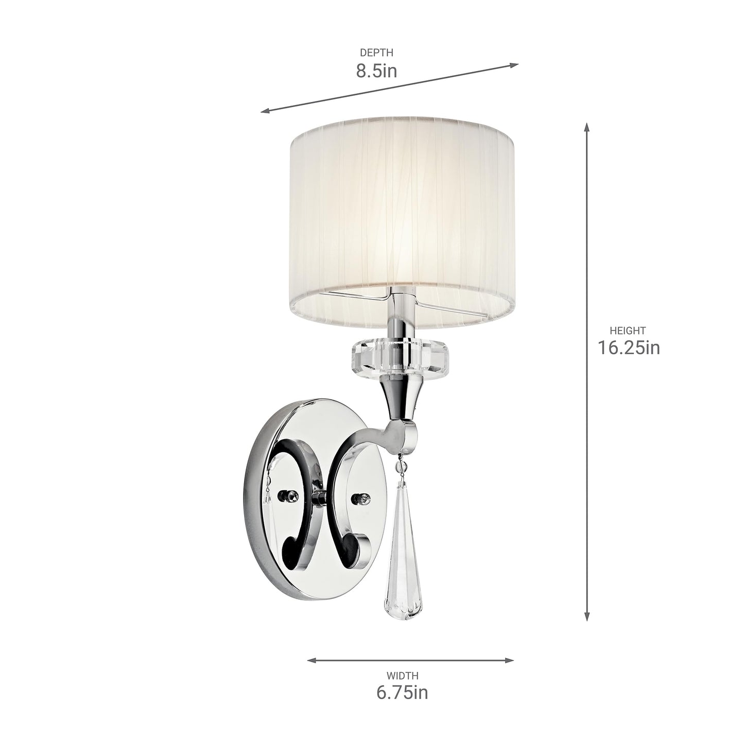 Kichler Parker Point 16.25"" Wall Sconce in Chrome, 1-Light Wall Mount Light with Optical Crystal Accents and Organza Fabric, ("16.25" H x 6.75" W), 42634CH