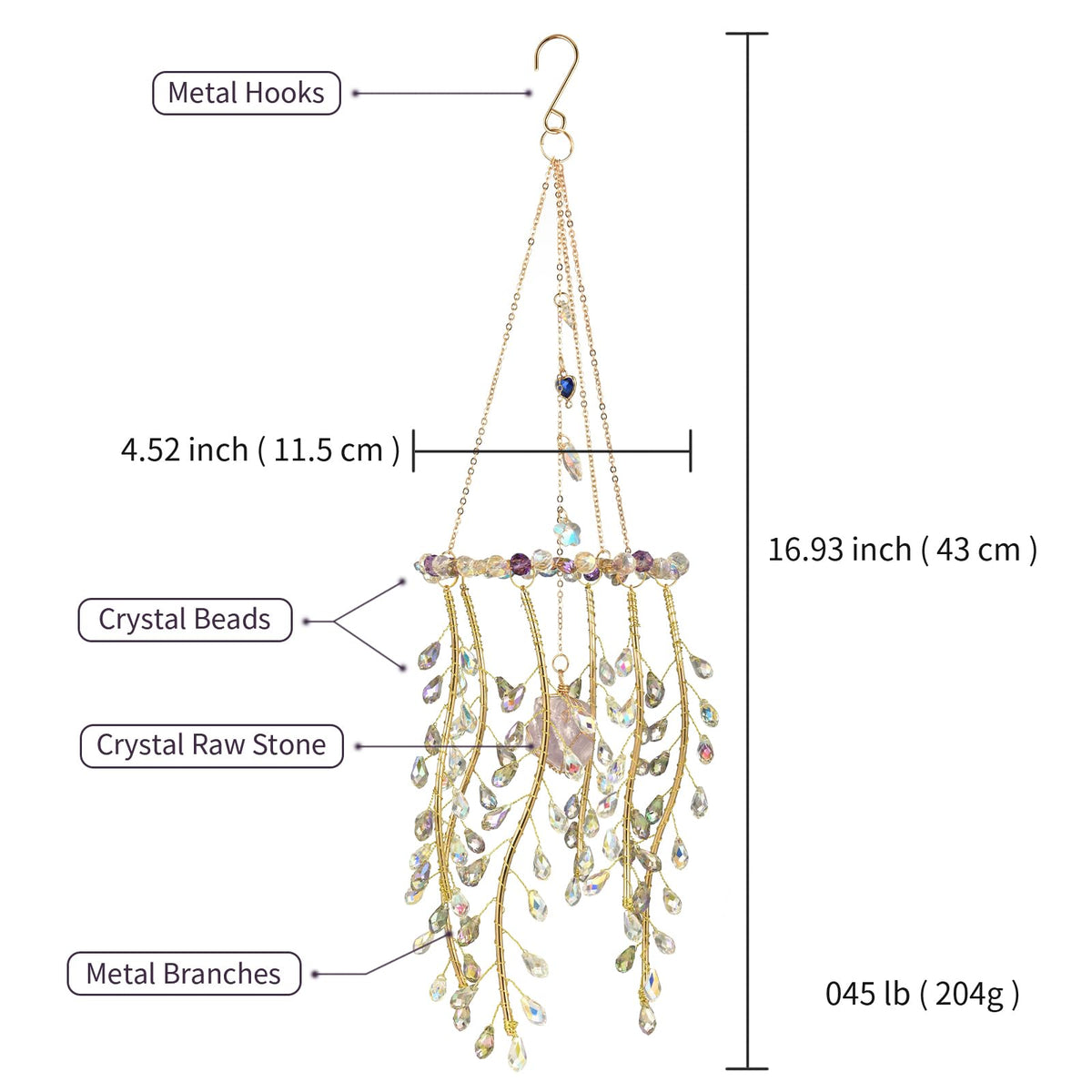 Crystal Hanging Suncatcher with Natural Stone, 16.9 Inch Decorative Wind Chime, Gold Chain & Branch Design (Purple)