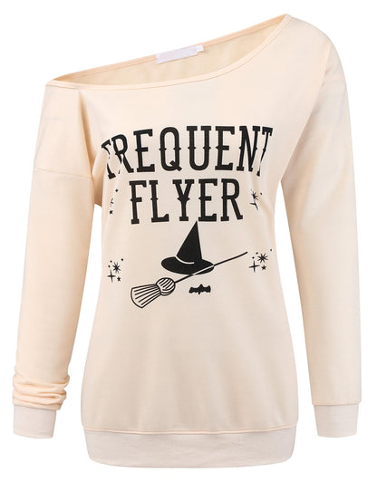 LYXIOF Women Halloween Off Shoulder Sweatshirt Slouchy Witch Shirt Long Sleeve Pullover Tops Apricot L