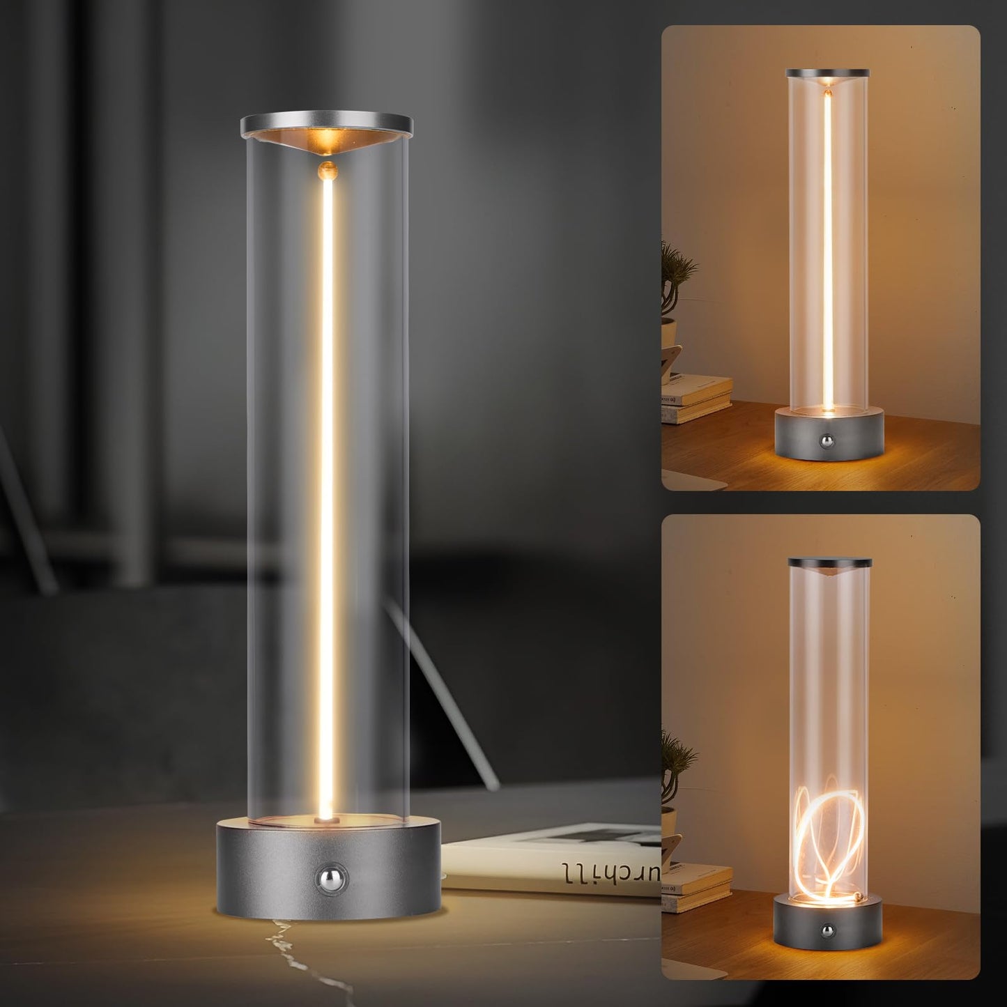 Mini Minimalist Tabe Lamp with Breathing Effect, Cordless LED Desk Lamp Rechargeable Modern Night Lights Portable Lamp for Gaming, Home Office, Bedroom, Living Room, Kitchen, Bar, Restaurant (grey)