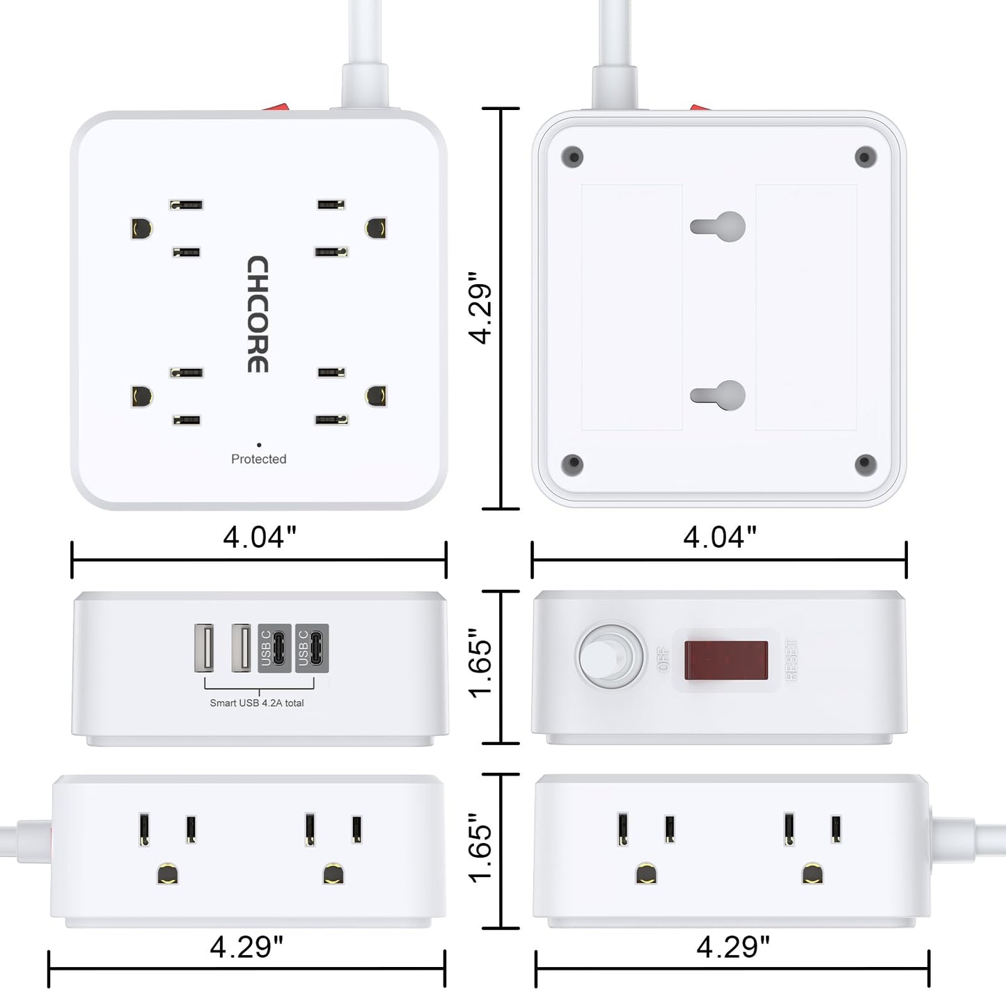 Surge Protector Power Strip - CHCORE 5Ft Braided Extension Cord with 8 Outlets with 4 USB (2 USB C) Charging Ports, Flat Plug Multi Plug Outlet Extender Charging Station for Home Office, ETL, White