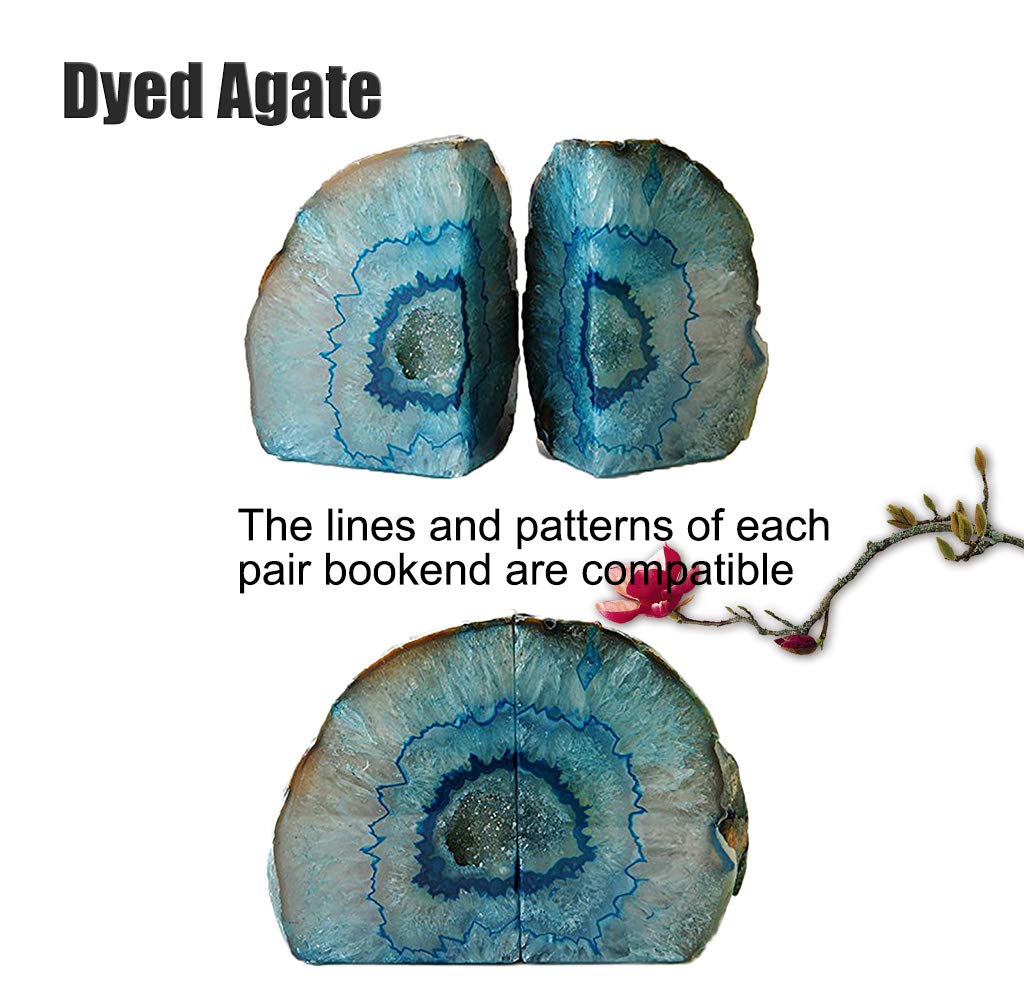 AMOYSTONE Agate Geode Bookends Heavy Duty Stone Book Ends Decorative Bookend Holder Home Office Decor with Rubber Bumpers Teal 1 Pair, 2-3 LBS