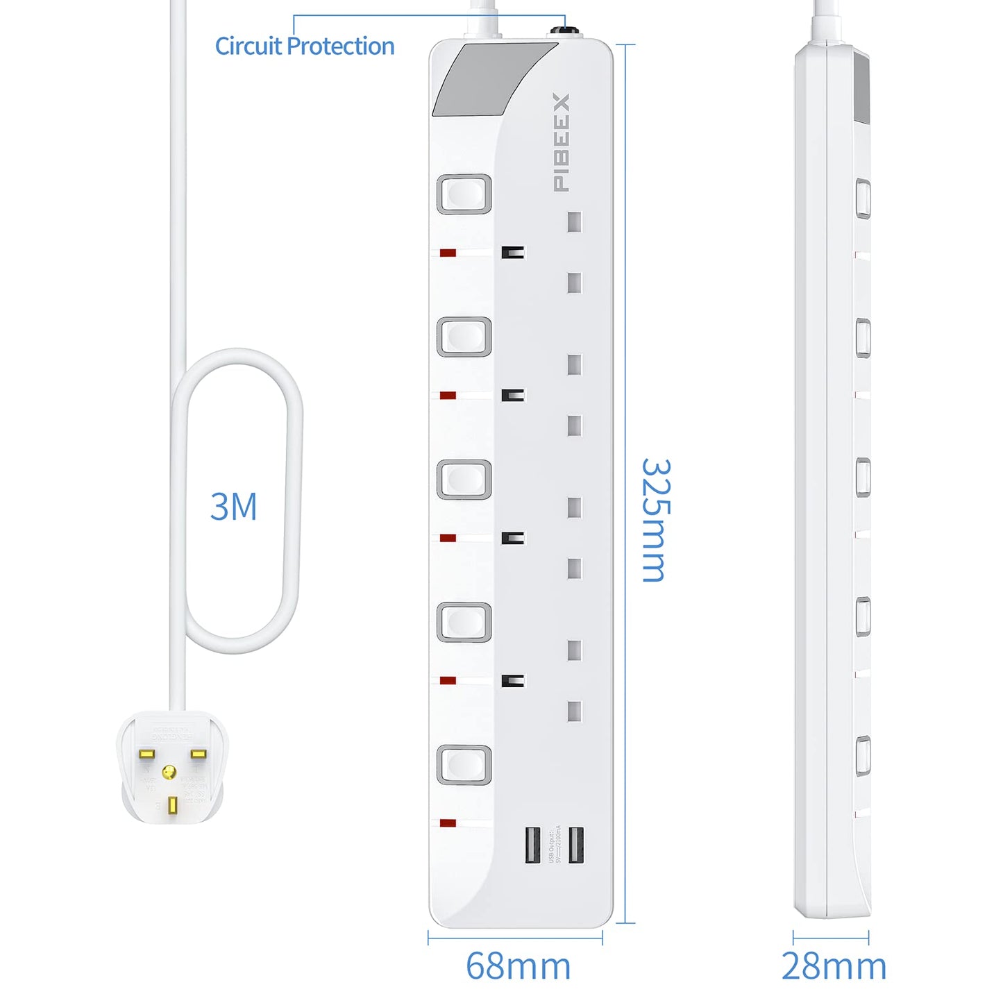 3M Extension Lead with USB Slots, 4 Way 2 USB Extension Socket with Individual Switches Mountable Power Strips with 3M Extension cable 3250W